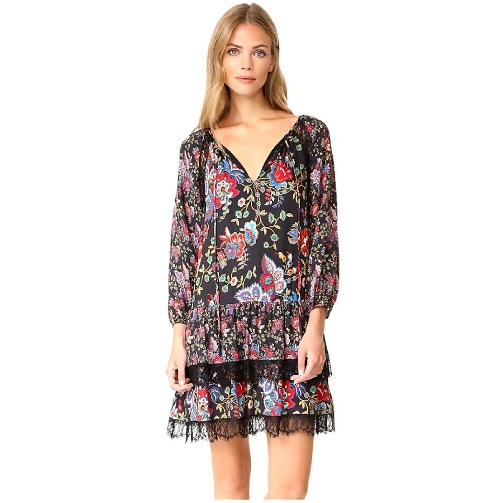 Alice + Olivia "Lakita" Tiered Tunic Dress, Size Small, Black w/ Red/Blue etc.